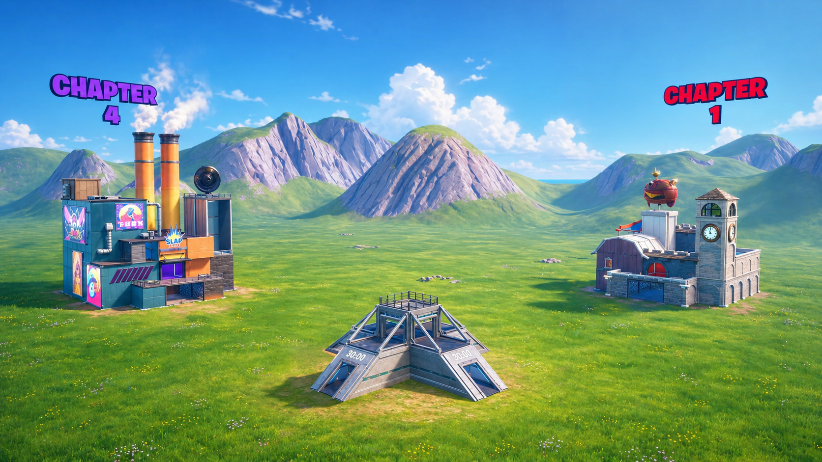 Chapter Wars arena overview with wide grass field and chapter landmarks